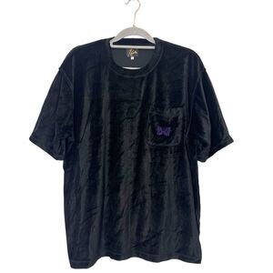 Needles T Shirt Mens L Black Velvet Short Sleeve Logo Made In Japan